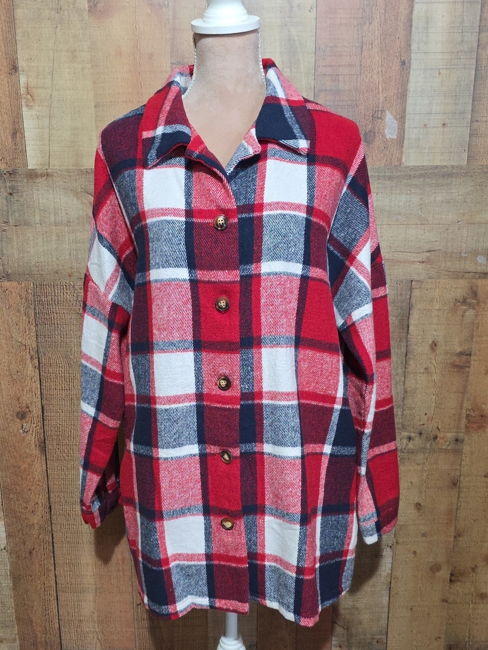 Women’s Red Plaid Button-Up Shirt Jacket